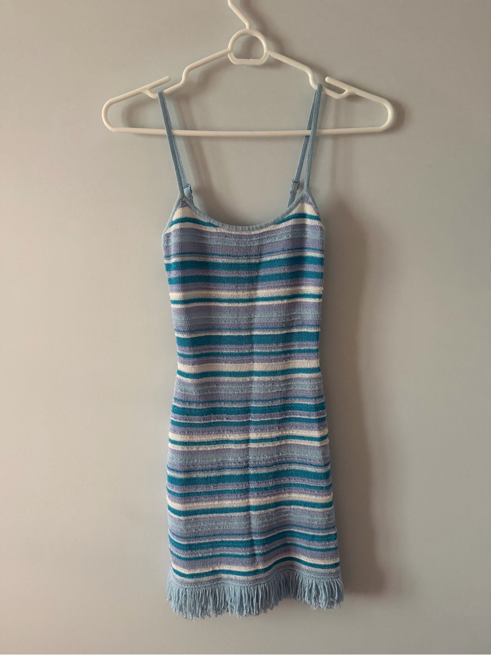 White Fox Boutique Blue & White Striped Knit Fringe Slip Dress